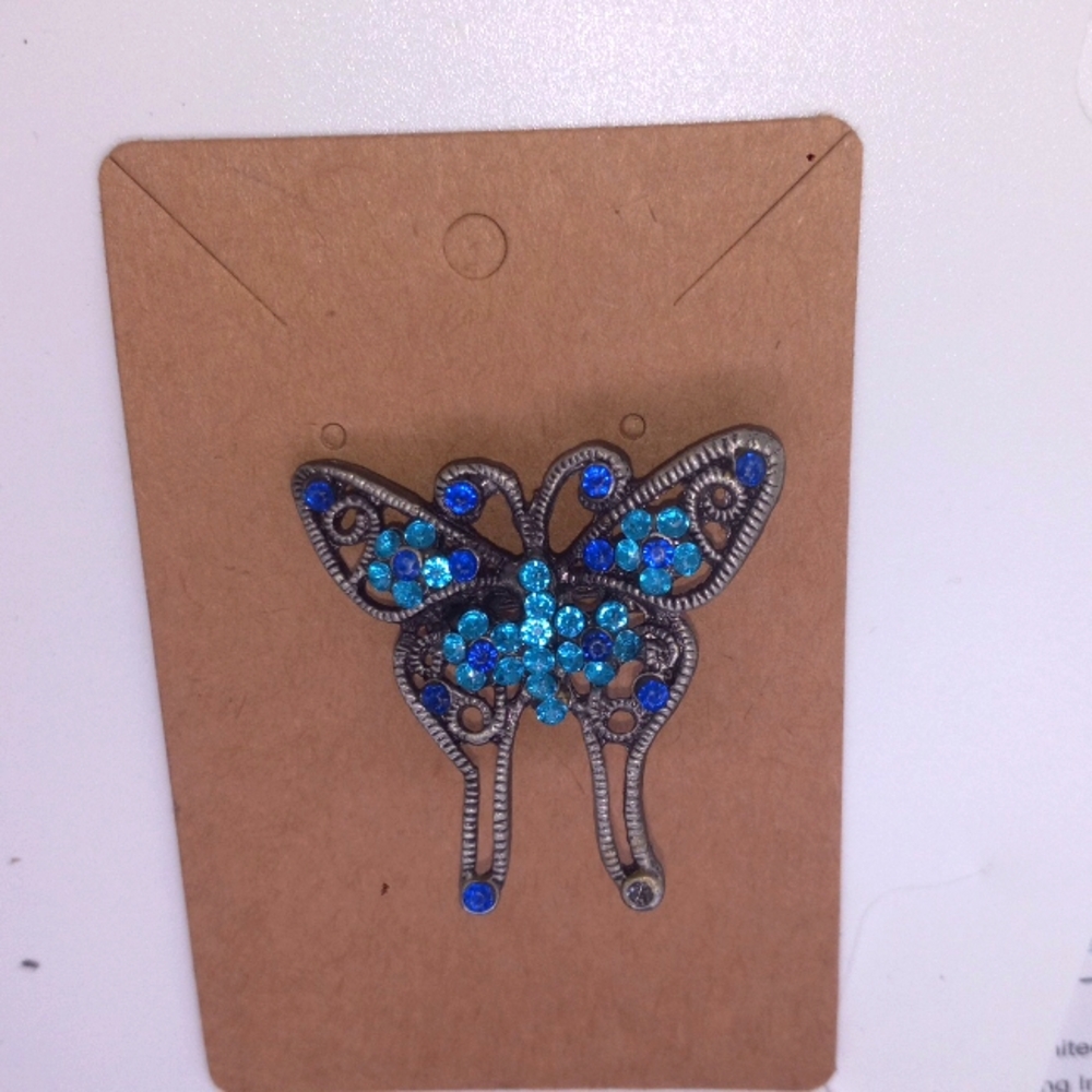 Vintage Blue Floral Rhinestone Butterfly Brooch